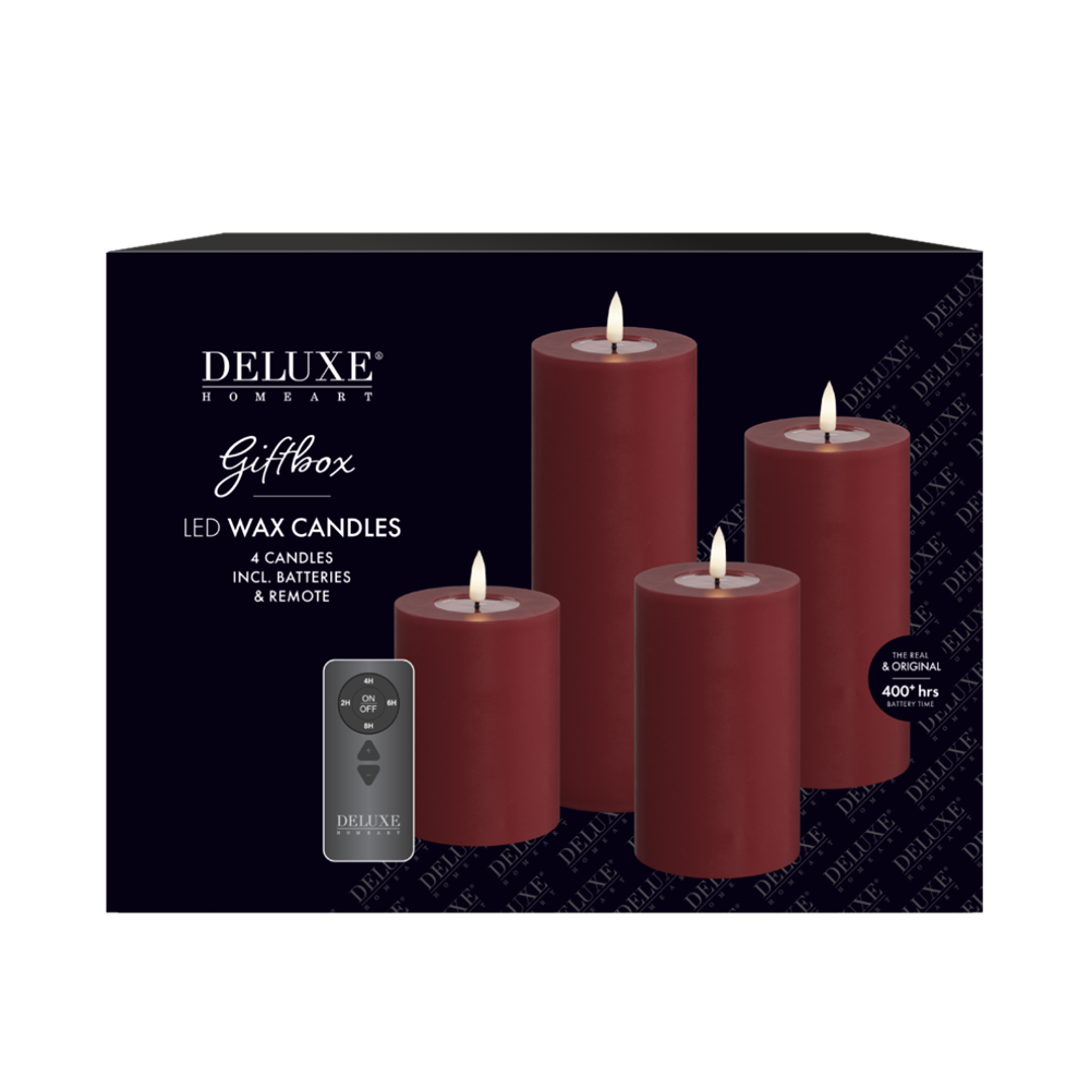 Presentbox med bordeaux LED-blockljus i fyra storlekar och fjärrkontroll från DeluxeHomeart