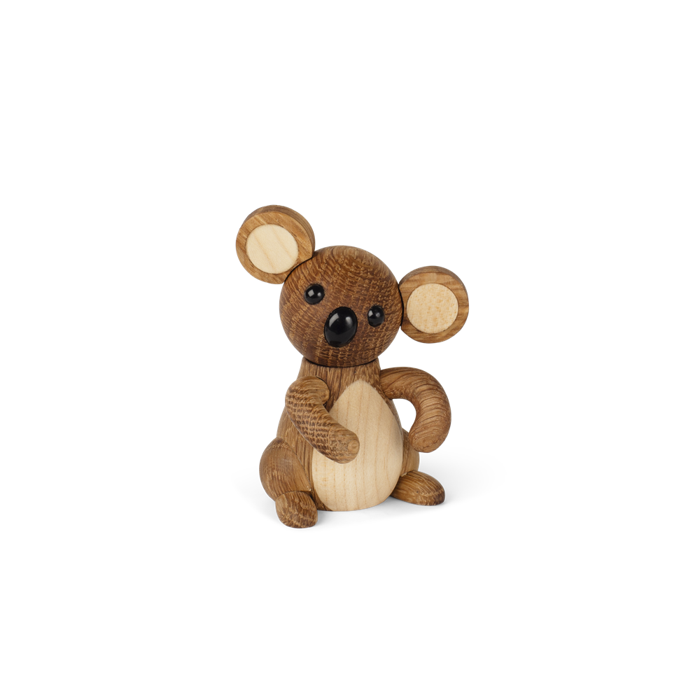 Handgjord babykoala i mörk ek och ljus ask för torpets bokhylla
