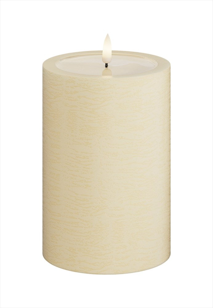 Unique LED Blockljus Cream 10x15 cm med mönstrad yta och realistisk 3D flamma