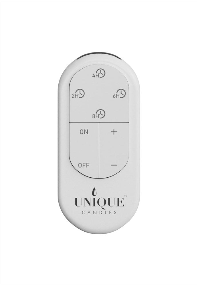 Vit Unique Candles fjärrkontroll till LED-ljus med knappar för timer och ljusstyrka