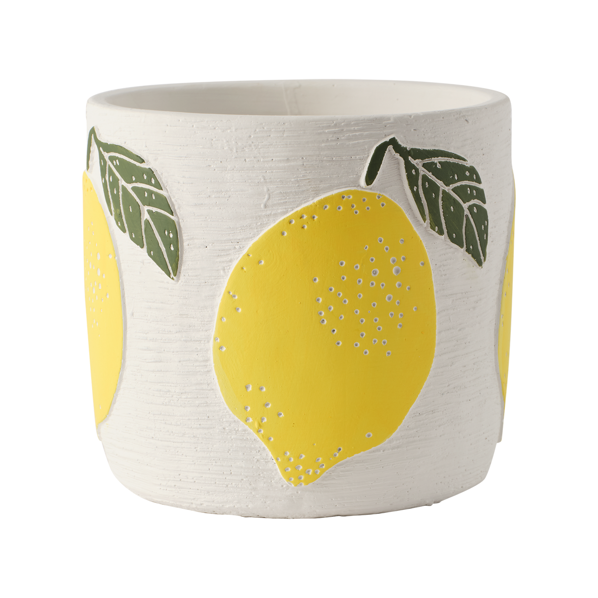 Vit cementkruka med handmålat gult citronmotiv för lantlig köksinredning