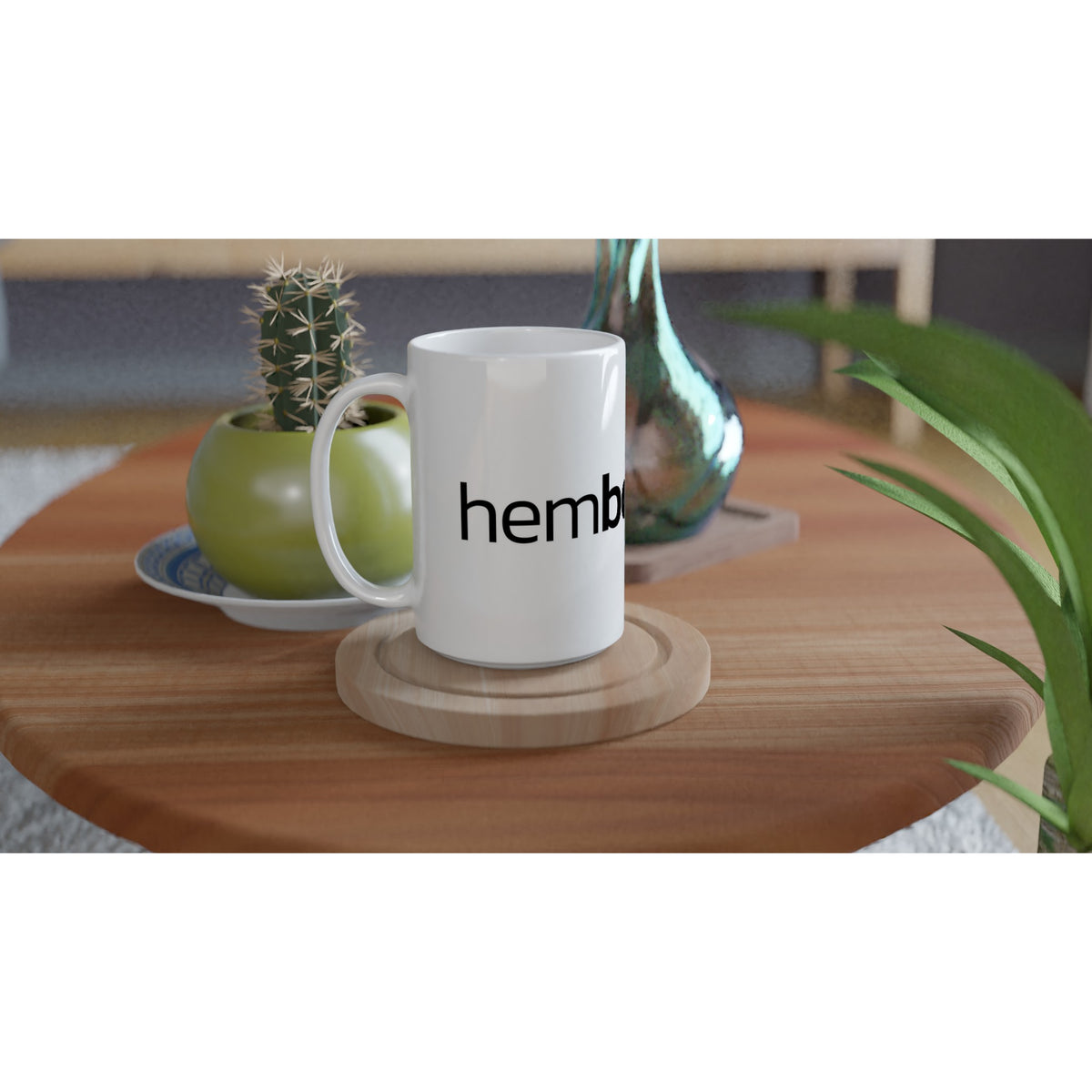 Vit mugg med Hemboden logotyp för kaffe och te