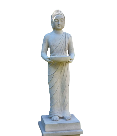 Stående trädgårdsstaty Buddha 100 cm i fiberlera som håller en skål