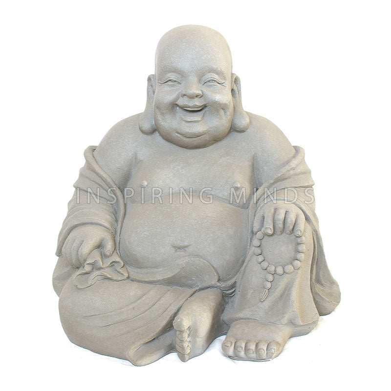 Grå lycklig Buddha figur för dekoration av balkong och uteplats
