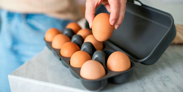 Snygg och funktionell äggförvaring från Eggs To Go med praktiskt klicklås för säkra transporter.