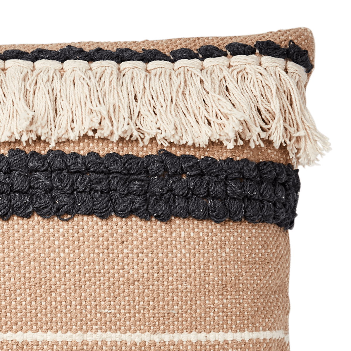 Baksidan och detaljer på det beige-grå MINNA kuddfodralet