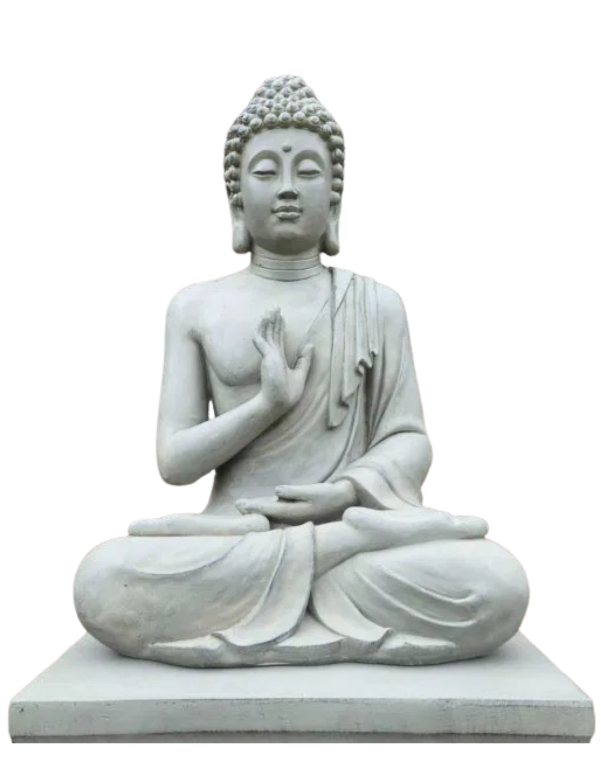 Grå sittande Buddha trädgårdsstaty i fiberlera mot svart bakgrund