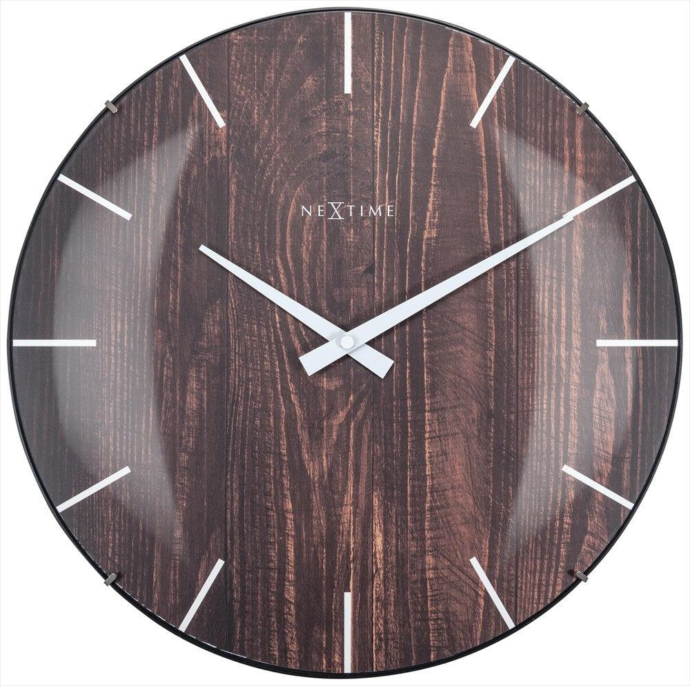 Edge Wood Dome väggklocka 35cm i mörkbrun trädesign med kupat glas