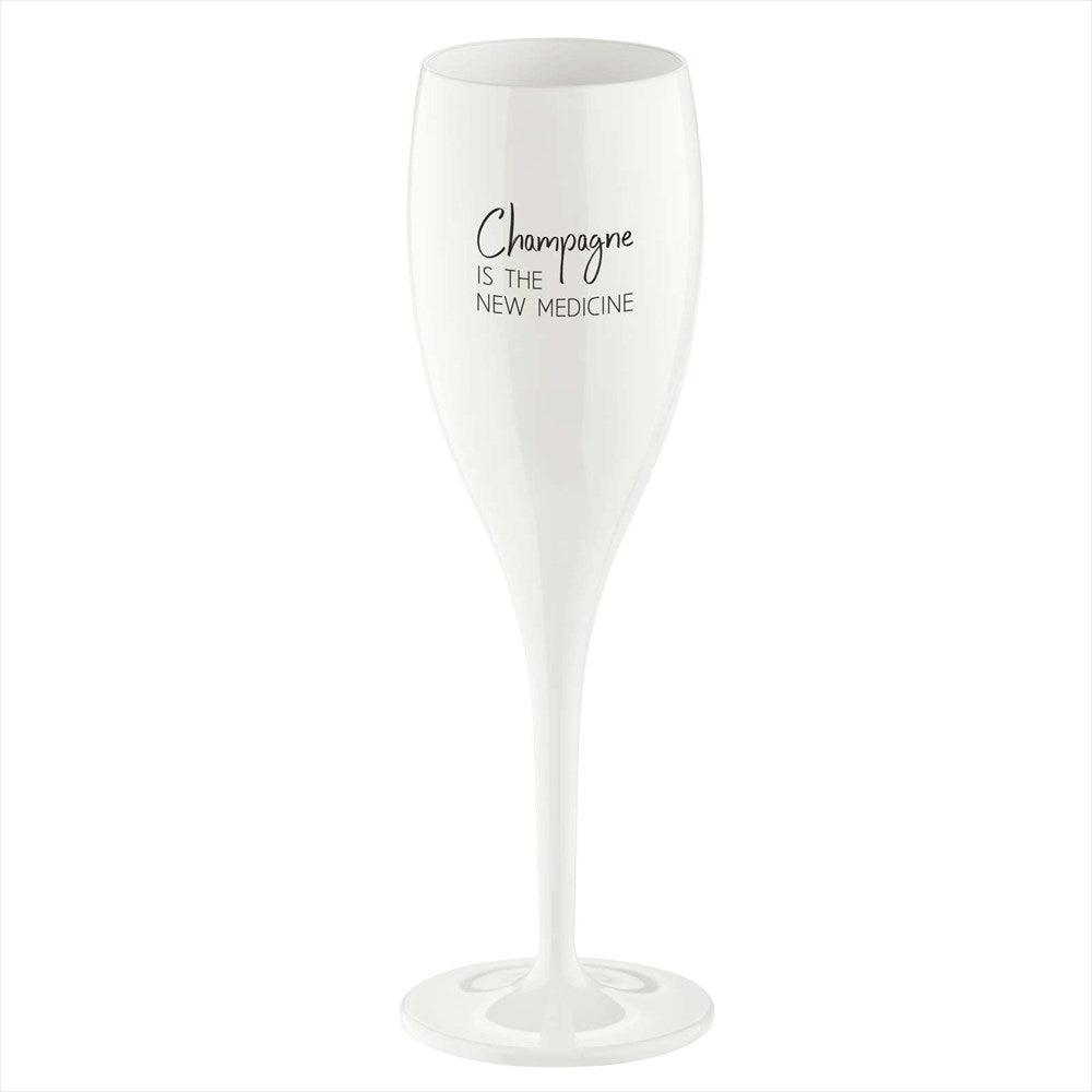 Vitt okrossbart Cheers No.1 champagneglas med texten Champagne is the new medicine