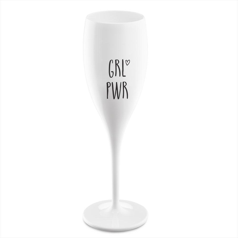 Vitt Cheers No.1 champagneglas i plast med texten Grl Pwr