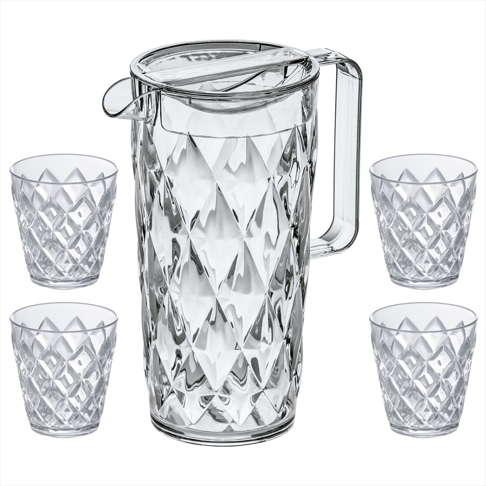 Okrossbart Crystal Set med vattenkaraff och fyra matchande glas i transparent plast från Koziol