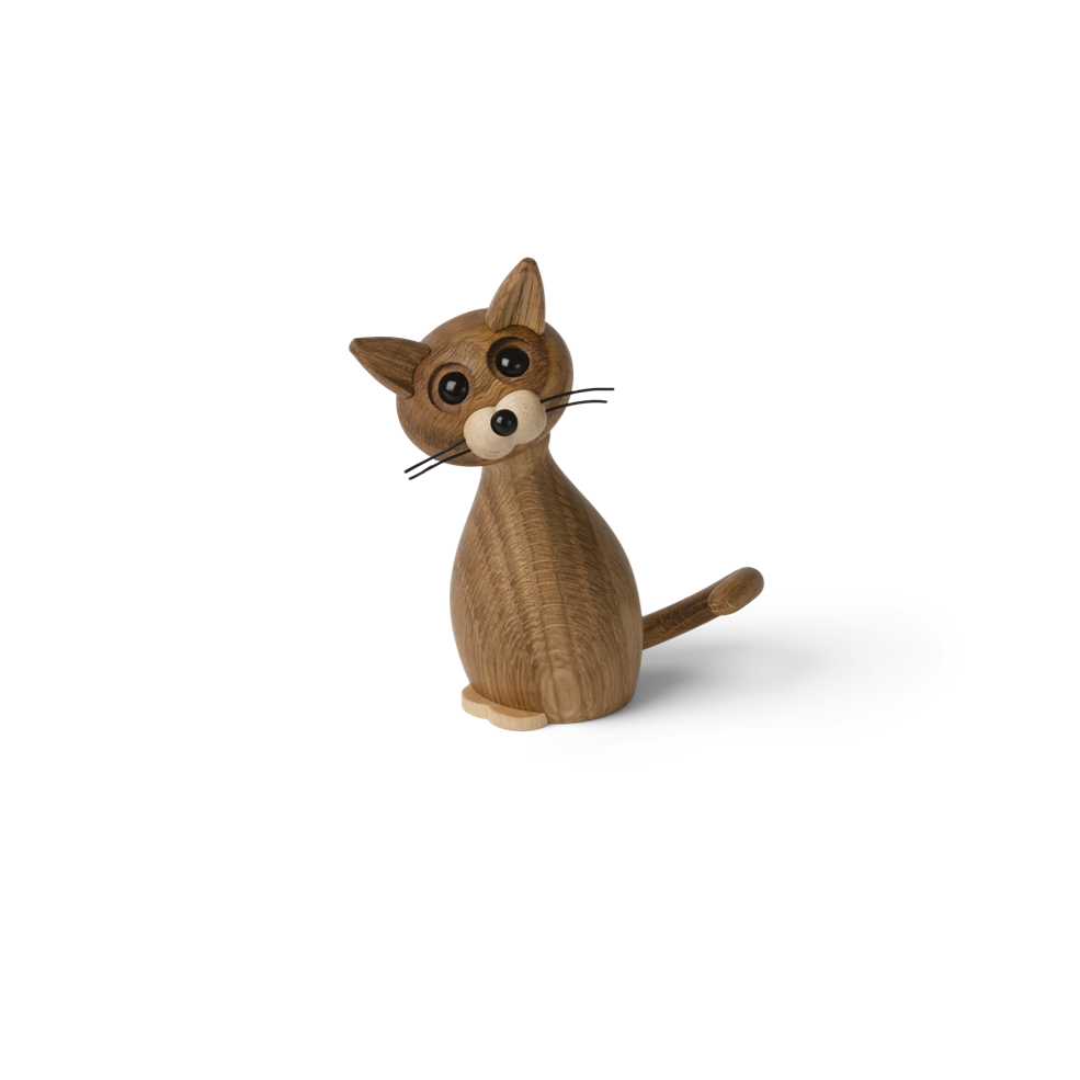Lucky The Cat dekoration i massiv ek sittande med vinkat huvud och söta morrhår.